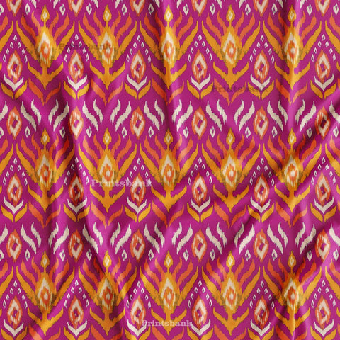 Hot Pink With Yellow Ikat Pattern Digital Printed Fabric Material Online India