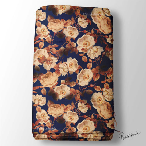 Blue Rose Floral Digital Printed Fabric Material Wholesale Market