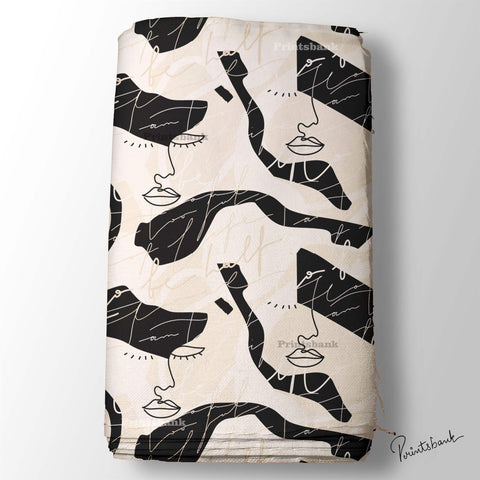 Quirky Black & White Face Printed Fabric For Boutique Dress