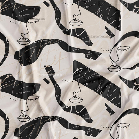 Quirky Black & White Face Printed Fabric For Boutique Dress