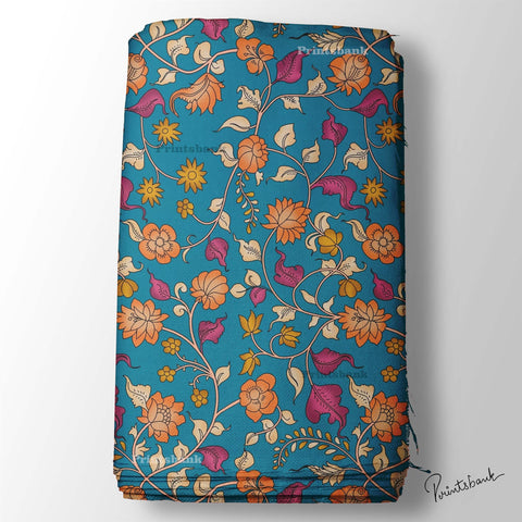 Teal Blue Floral Kalamkari Digital Printed Fabric Market
