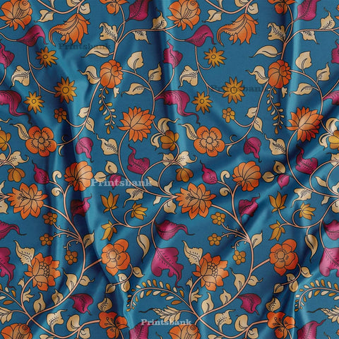 Teal Blue Floral Kalamkari Digital Printed Fabric Market