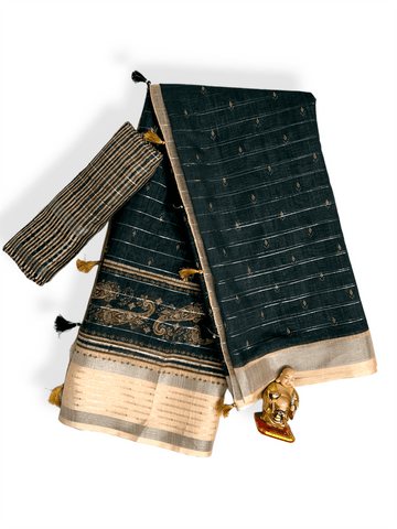 OFFER! Designer saree & sequence border Cotton Saree with Blouse Jari black