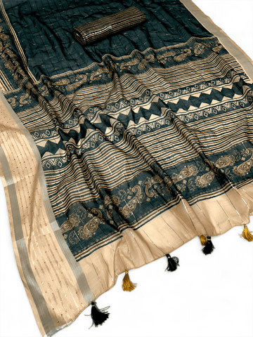 OFFER! Designer saree & sequence border Cotton Saree with Blouse Jari black