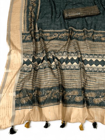 OFFER! Designer saree & sequence border Cotton Saree with Blouse Jari black