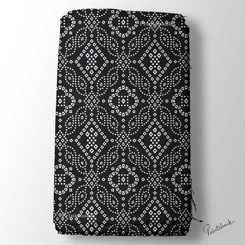 Black White Bandhani Digital Printed Fabric Material