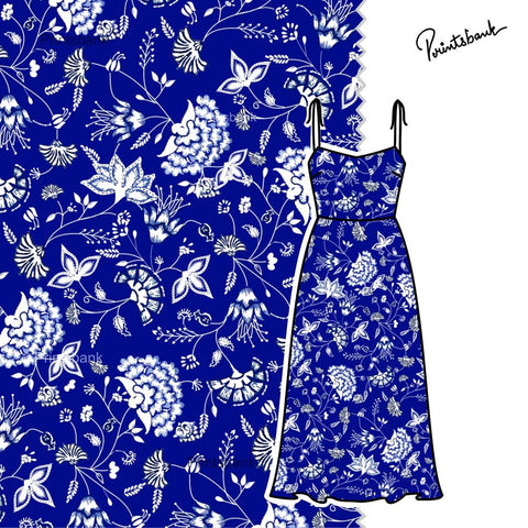 Vintage Royal Blue Floral Jaal Print