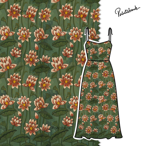 Grass Green Lotus Pichwai Floral Print