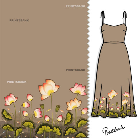 Coffee Color Pichwai Lotus Boarder Print