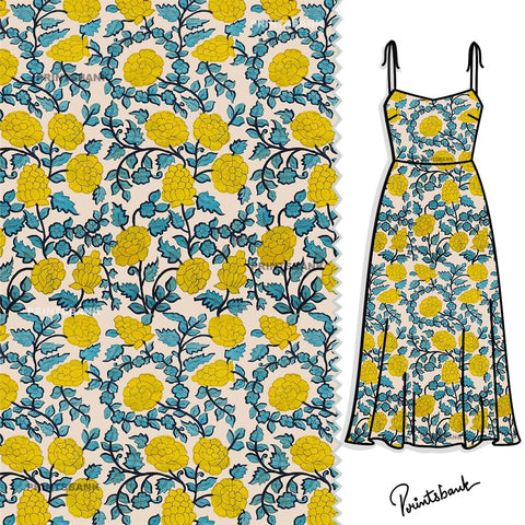 Traditional Kalamkari yellow Blue floral
