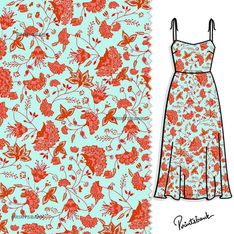 Lime Green Orange Floral Jaal Digital Print