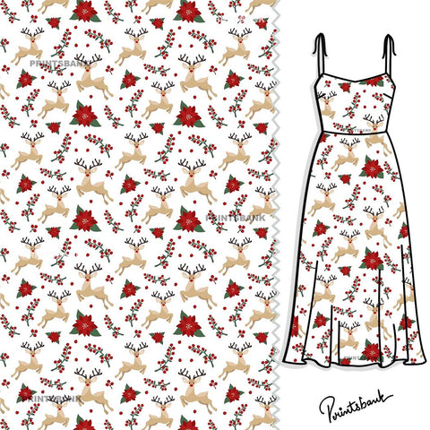 White Baby Print Deer Red Floral Digital Fabric