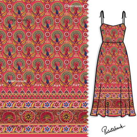 Traditional Pink Peacock Print With Boarder