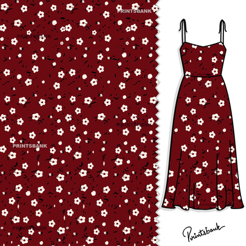 Maroon White Mini Floral Fabric