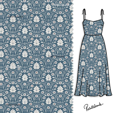 Indigo Blue Floral Jaal Fabric For Kurti Dresses