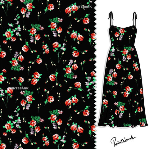 Black Pink Rose Bunches Floral Motif Material