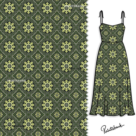 Grass Green Motif Jaal Digital Printed Clothing Material