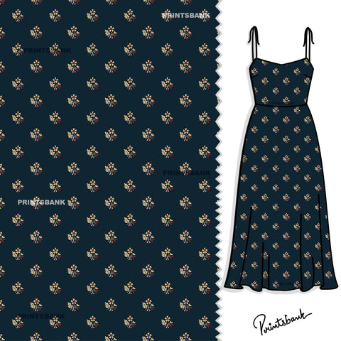 Black Blue Mini Floral Motif For Top Tunic Kurti