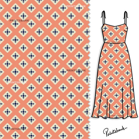 Peach Pink Motif Digital Printed For Kurti Tunic
