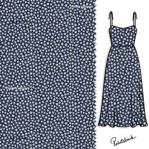 Indigo Blue Mini White Floral Fabric For Ethnic Wear