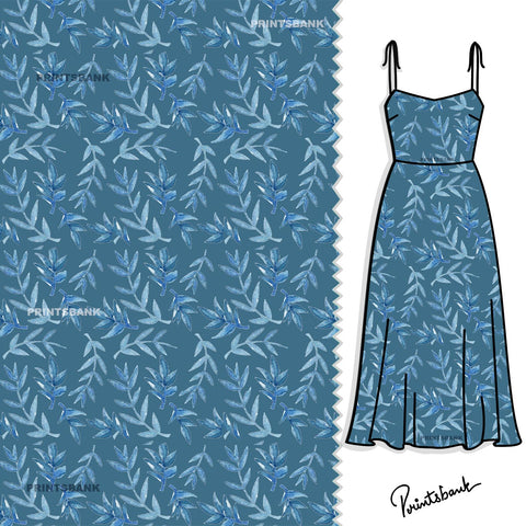 Powder Blue Leaf Printed Fabric Clothing Material