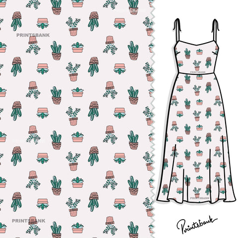 White Baby Cactus Printed Fabric Material