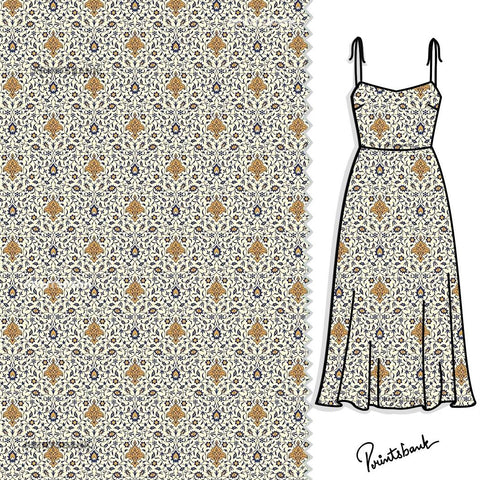 White Floral Mughal Jaal Printed Clothing Material