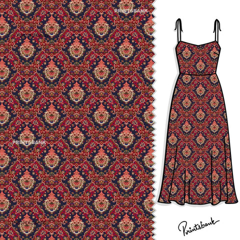Red Blue Floral Jaal Ethnic Digital Printed Material