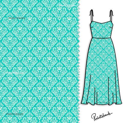 Sea Green Motif Pattern Digital Printed Fabric