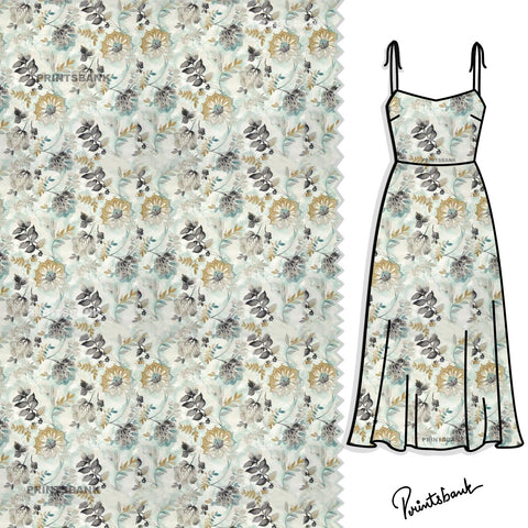 Gray Shade 3D Floral Digital Printed Fabric Material