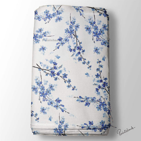 White Blue Cherry Floral Digital Printed Fabric Material