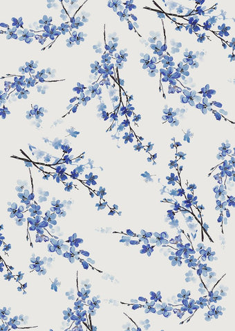 White Blue Cherry Floral Digital Printed Fabric Material