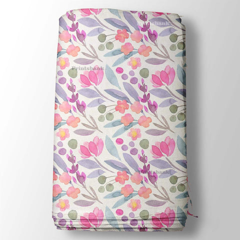 White Pastel Water Color Pink Blue Green Digital Floral Printed Fabric