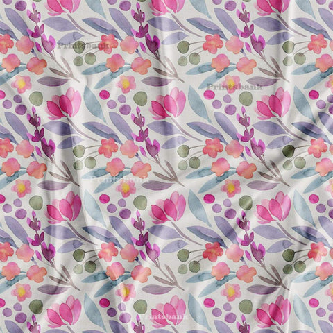 White Pastel Water Color Pink Blue Green Digital Floral Printed Fabric