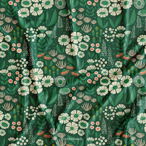 Emrald Green Vintage Floral Digital Printed Fabric