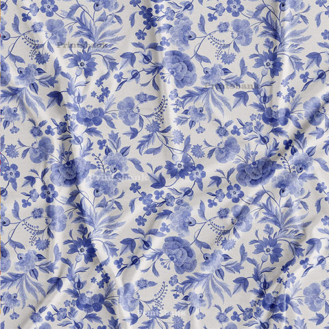 Ink Blue White Vintage Garden Floral Digital Printed Fabric