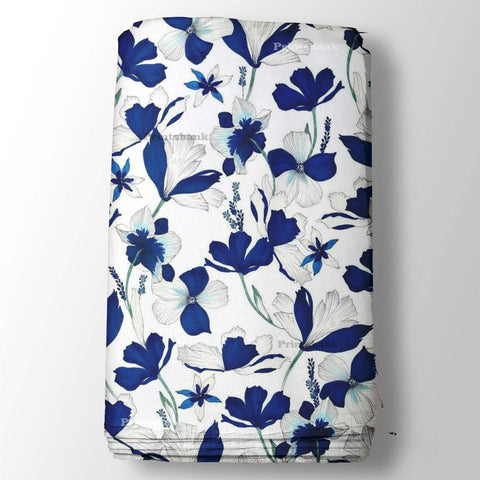 White Blue Designer Floral Pattern Digital Printed Fabric