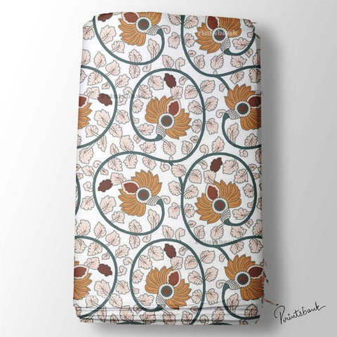 White Floral Kalamkari Digital Printed Fabric Wholesale Price