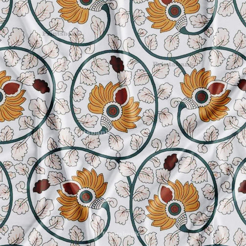 White Floral Kalamkari Digital Printed Fabric Wholesale Price