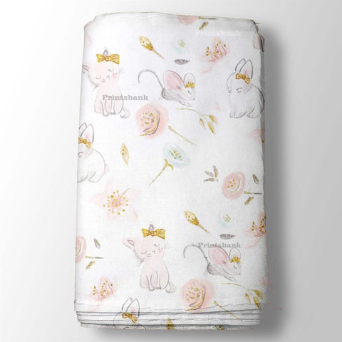 Daisy White Cat Kid's Digital Printed Fabric