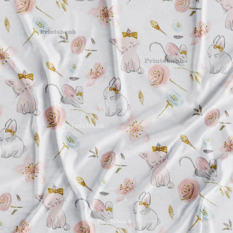 Daisy White Cat Kid's Digital Printed Fabric
