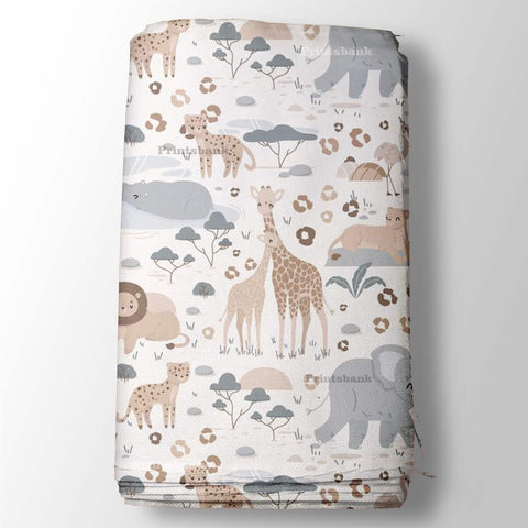 Ivory White & Elephant Pattern Kid's Digital Printed Fabric