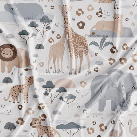 Ivory White & Elephant Pattern Kid's Digital Printed Fabric