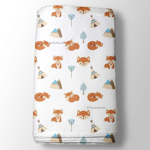 Pearl White & Orange Fox Pattern Kid's Printed Fabric