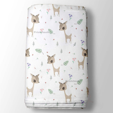 Cute Baby Deer & Mini Leave Print For Kid's Printed Fabric