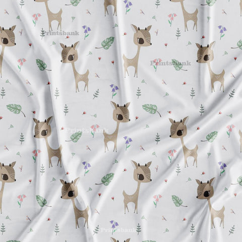 Cute Baby Deer & Mini Leave Print For Kid's Printed Fabric
