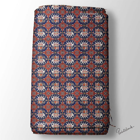 Maroon Blue Animal Patola Digital Printed Fabric Material