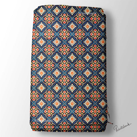 Blue Orange Floral Patola Digital Printed Fabric Material