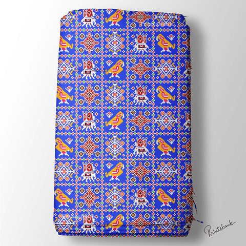 Bright Blue Geometrical Patola Digital Printed Fabric Material