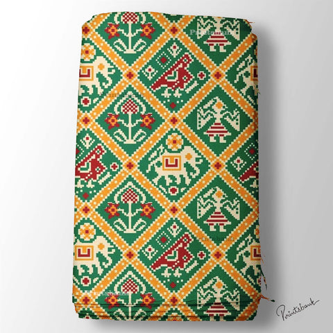 Green Orange Animal Patola Digital Printed Fabric Material